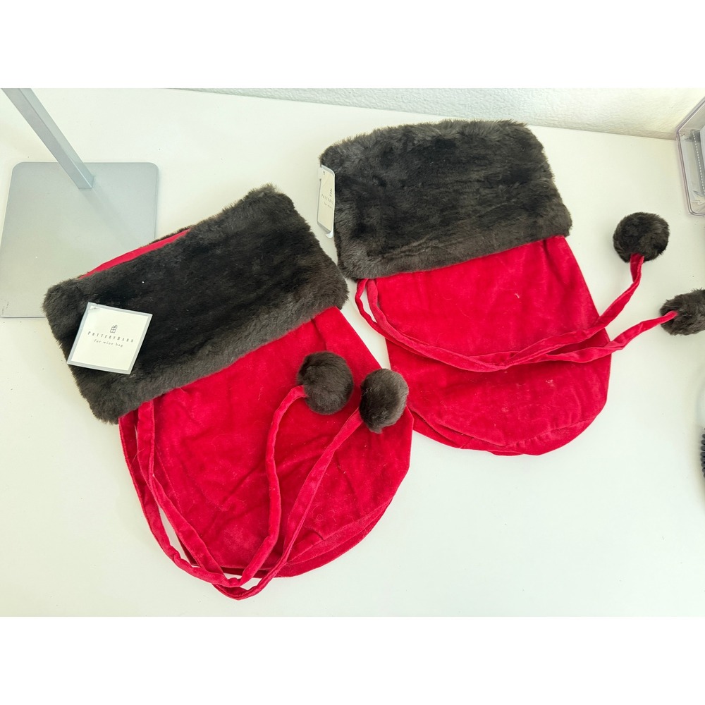 Pottery Barn Red Velvet Faux Fur Wine Gift Bags Set of 2 Holiday Pom Poms NWT